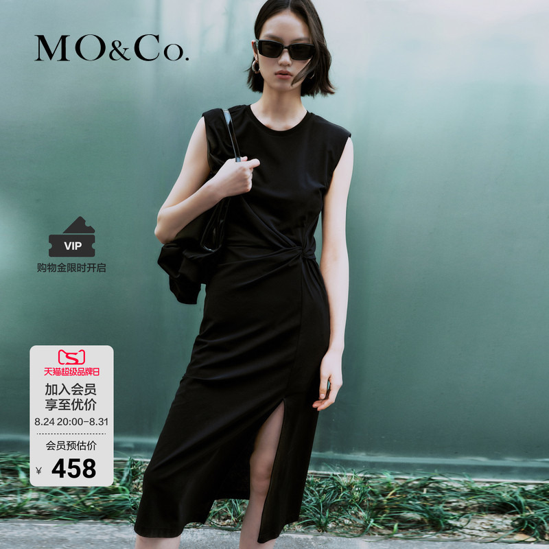 【Cool Feeling】Moco Dress, Cotton Summer Sleeveless Pleated Waist-Cinching Slit Round Neck Little Black Dress, Mo Anke 【Cool Feeling】Moco Dress, Cotton Summer Sleeveless Pleated Waist-Cinching Slit Round Neck Little Black Dress, Mo Anke