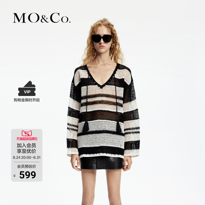 【Moco Outlet】Knitted Sweater with Black and White Stripes, Loose Fit, Hollow-Out V-Neck, Tassel Long-Sleeve Sweater, Casual Style