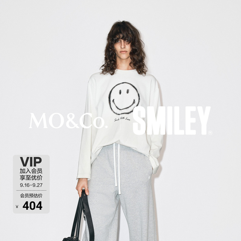 [Smiley Collaboration] Moco Long Sleeve T-Shirt with Rhinestone Print and Playful Text by Mo&Co