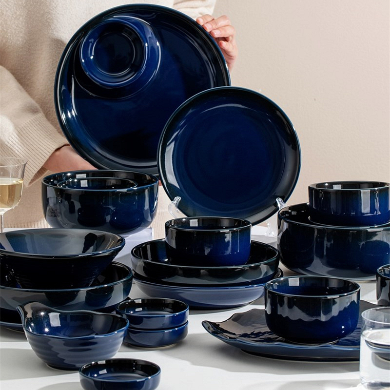 Nordic High-End Dark Blue ins Style Creative Internet-Famous Household Ceramic Plate Dish Soup Plate Bowl Tableware Set