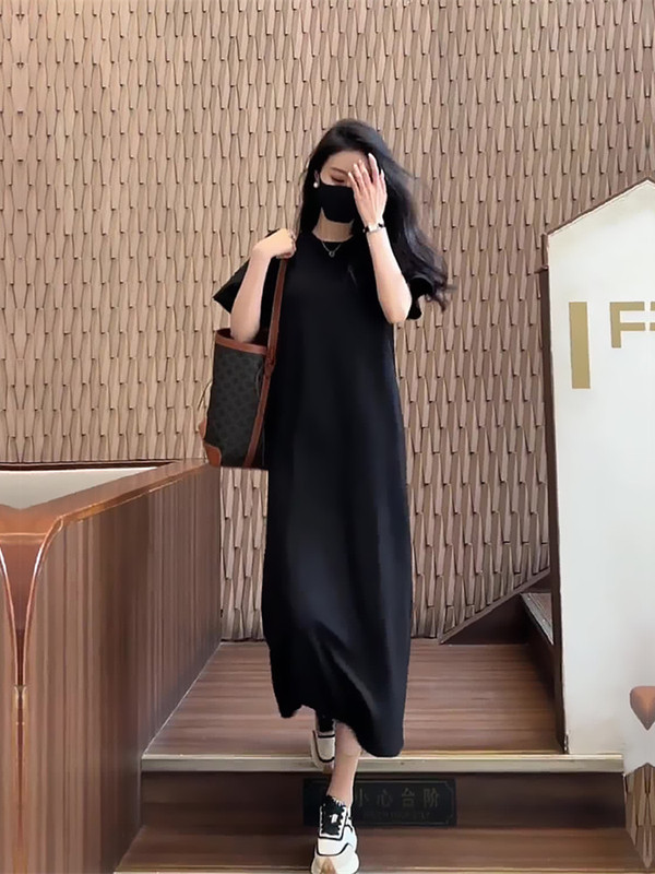 Black T-Shirt Dress for Women, Summer Korean Style, Loose Mid-Length Lazy Dress, Elegant, Slimming, High-End Short-Sleeved Dress