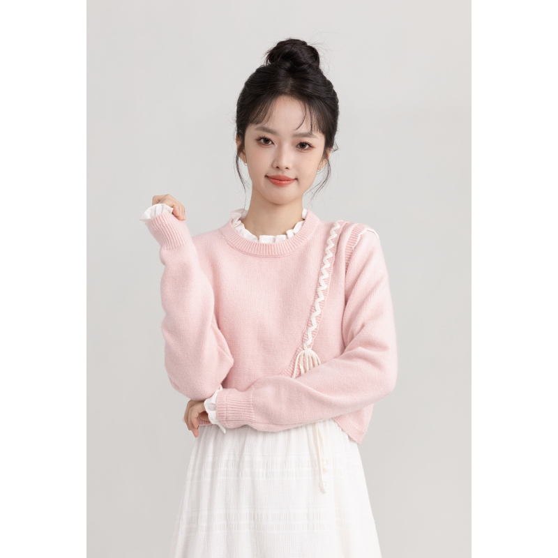 Pink Short Fake Two-Piece Sweater for Women 2024 Autumn New Sweet Design Lace-Up Soft Knit Top Pink Short Fake Two-Piece Sweater for Women 2024 Autumn New Sweet Design Lace-Up Soft Knit Top
