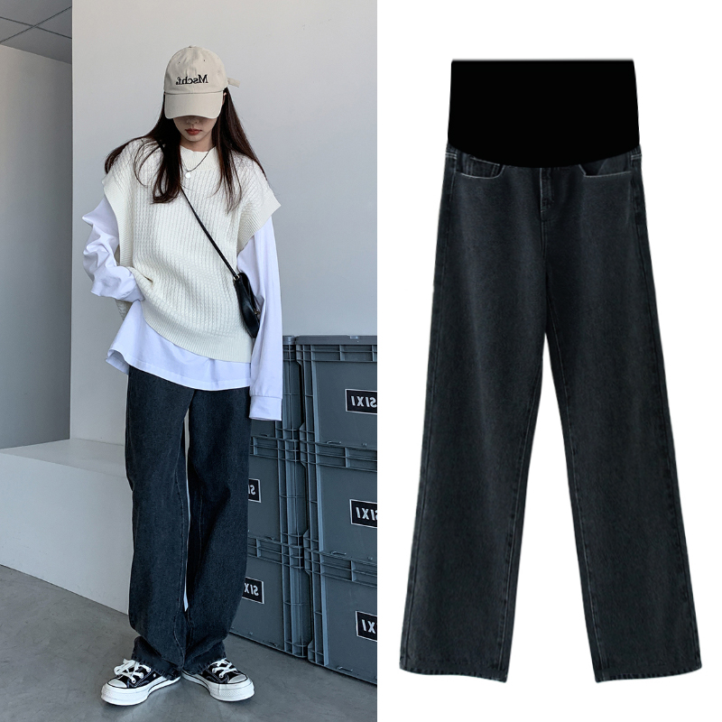 Pregnant women denim pants spring and autumn thin black loose straight tube wide legs mopping inside trousers autumn and winter