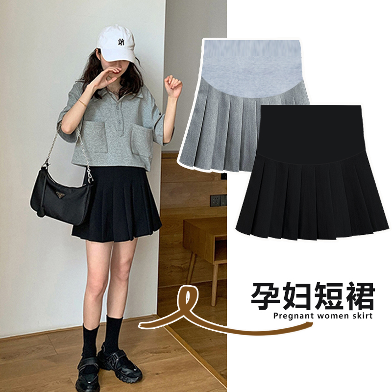 Pregnant women Chiffon skirt fashion loose belly A-line skirt Black spring and autumn pleated short skirt Summer fashion mom