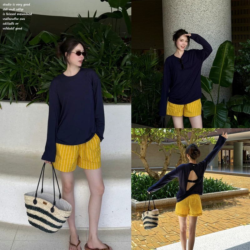 【Seeksimple~】Dopamine Striped Sports Shorts for Petite Women, Loose Yellow A-Line Beach Hot Pants