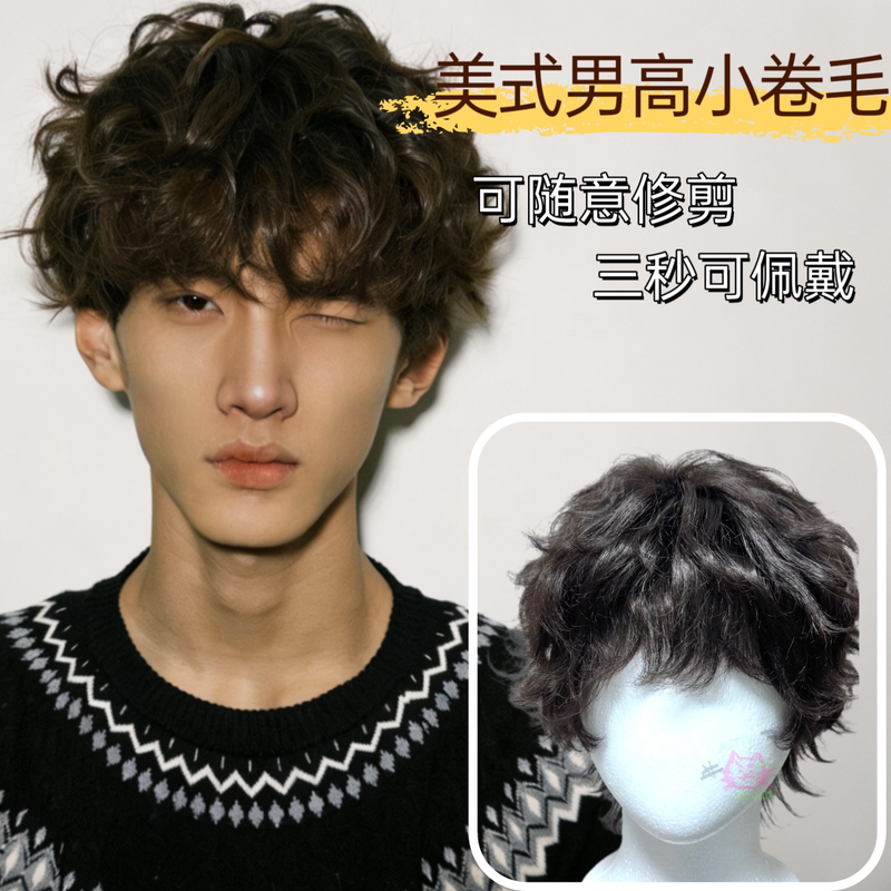 Leslie Curly Wig for Men, Youthful and Natural, Wool Curls, Short Hair, Fluffy and Versatile, Men's Curly Hair, Realistic Full Head Wig