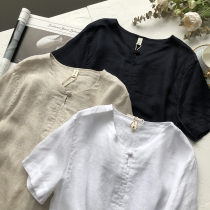 National Tide Wind Disc Buckle Design Summer Mens Trendy Casual Breathable Cool Linen Loose Short Sleeve Shirt Blouse