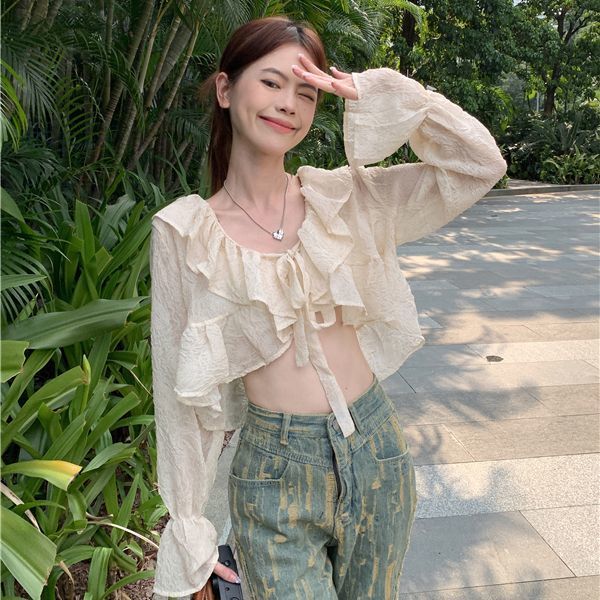 Chiffon Lace-Up Bell-Sleeve Sun Protection Shirt for Women, New Summer Style, Fashionable and Stylish Short Ruffled Cardigan Jacket