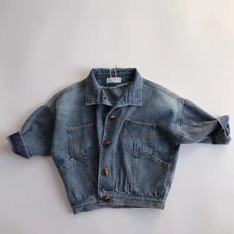 Child Denim Jacket 2022 Spring Children Dress Han Version Bat Cuff Wide Release Shirt Mid-Boy Denim Jacket Jacket