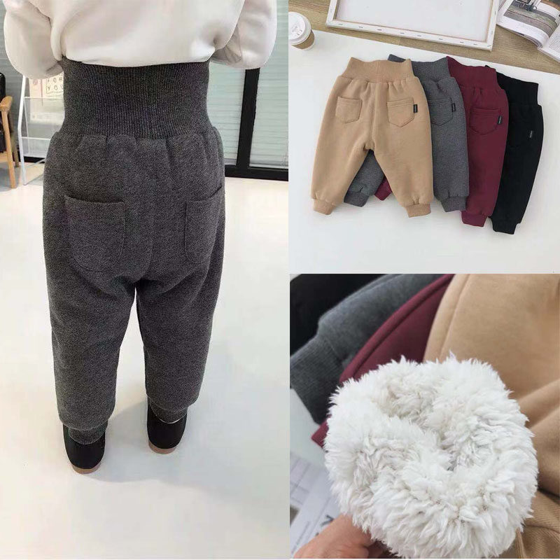 Children's cotton trousers winter plus velvet thickened girls a pair of winter trousers outerwear baby high waist belly pants boys and children