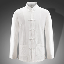 Tang dress base shirt Mens Chinese style long sleeve Chinese top jacket Young and middle-aged clothes Old man buckle cotton shirt