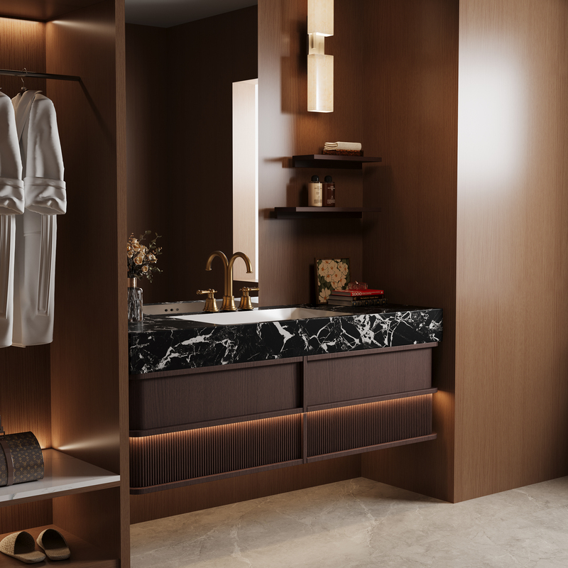 2026 New Model Oak Bathroom Cabinet Washbasin Cabinet Combination Integrated Bathroom Sink with Seamless Rock Slab Washbasin