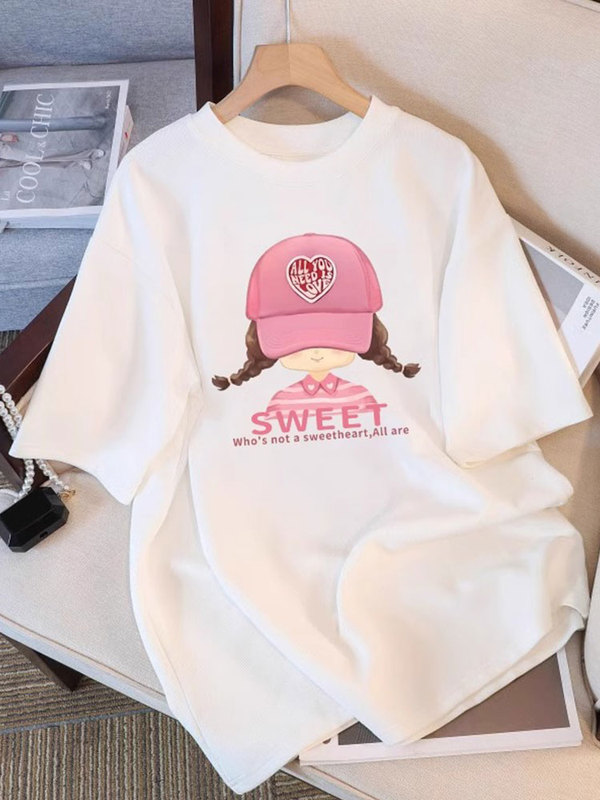 White Cotton Right-Shoulder Short-Sleeve Women's Summer Korean-Style Loose Large-Size Mid-Length Printed Round-Neck T-Shirt Top White Cotton Right-Shoulder Short-Sleeve Women's Summer Korean-Style Loose Large-Size Mid-Length Printed Round-Neck T-Shirt Top