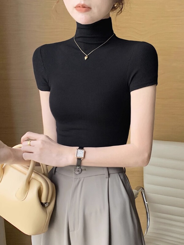 Black Straight-Shoulder Short-Sleeve T-Shirt for Women, 2026 Spring New Style, Slim-Fit High-Neck Knit Base Layer Top