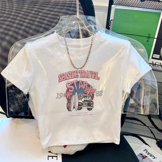 白色正肩印花短袖T恤女2026夏季新款甜辣妹修身显瘦短款体恤上衣