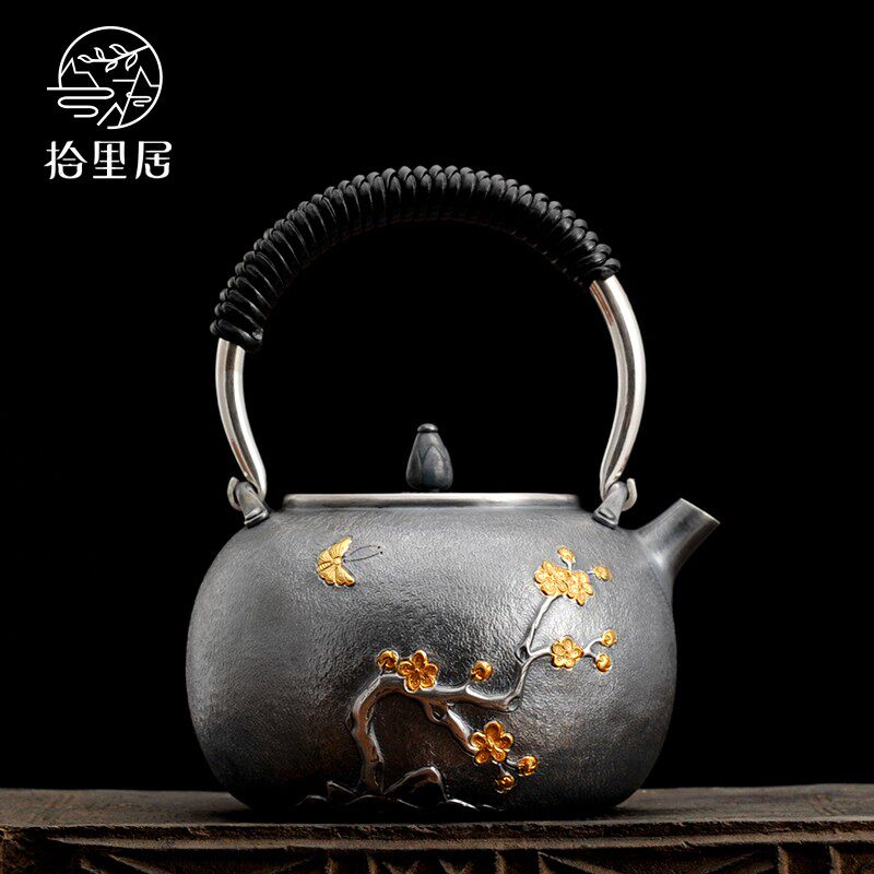 ten livable pure handmade silver pot S999 pure silver for a day style Gongfu tea with boiled tea boiling water pure silver teapot