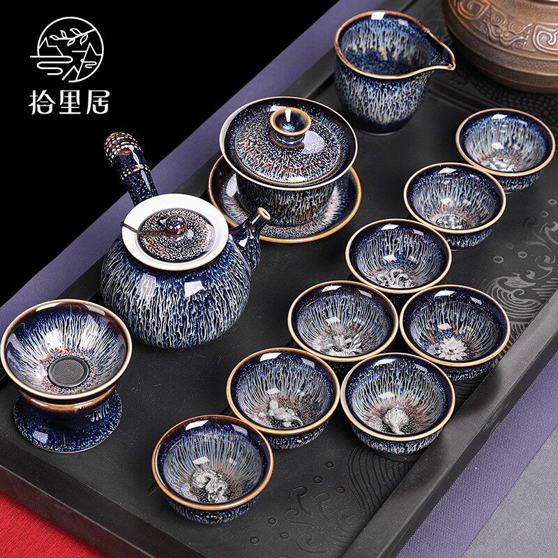 ten livable high-end construction of tea set to form yang 12 pieces Jiankiln pure handmade ceramic Gongfu tea cup office