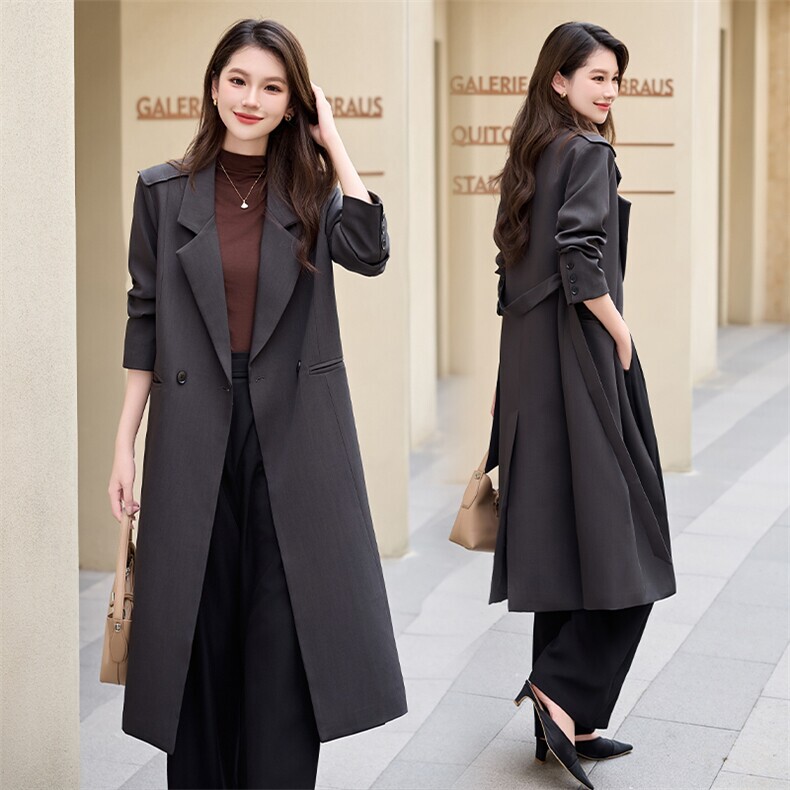 Gray Textured Long Blazer Trench Coat for Women, Plus Size, Fashionable Waist-Cinching Jacket, New French-Style Unique Slim Fit Gray Textured Long Blazer Trench Coat for Women, Plus Size, Fashionable Waist-Cinching Jacket, New French-Style Unique Slim Fit