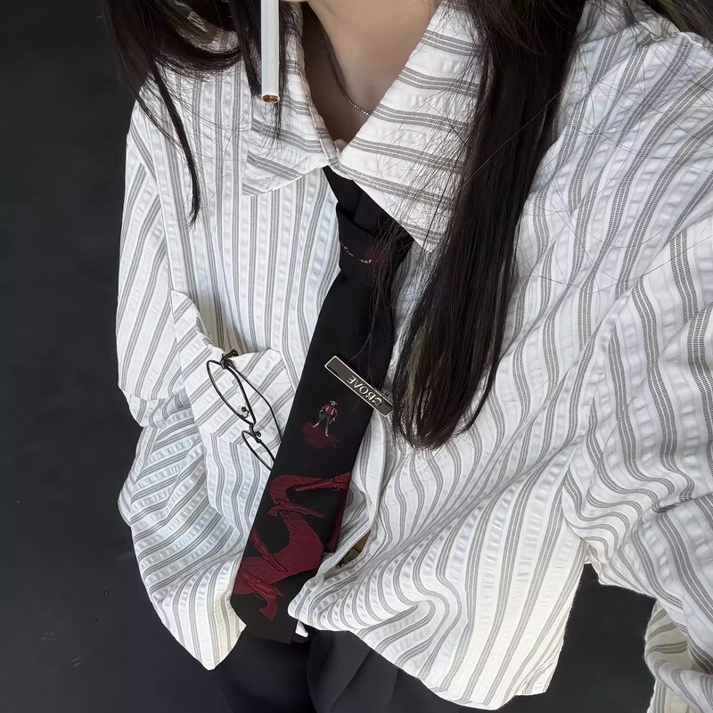 Korean Cleanfit Striped Seersucker Shirt High-Fashion Casual Regular Shoulder Long-Sleeve Shirt Vintage Striped Top