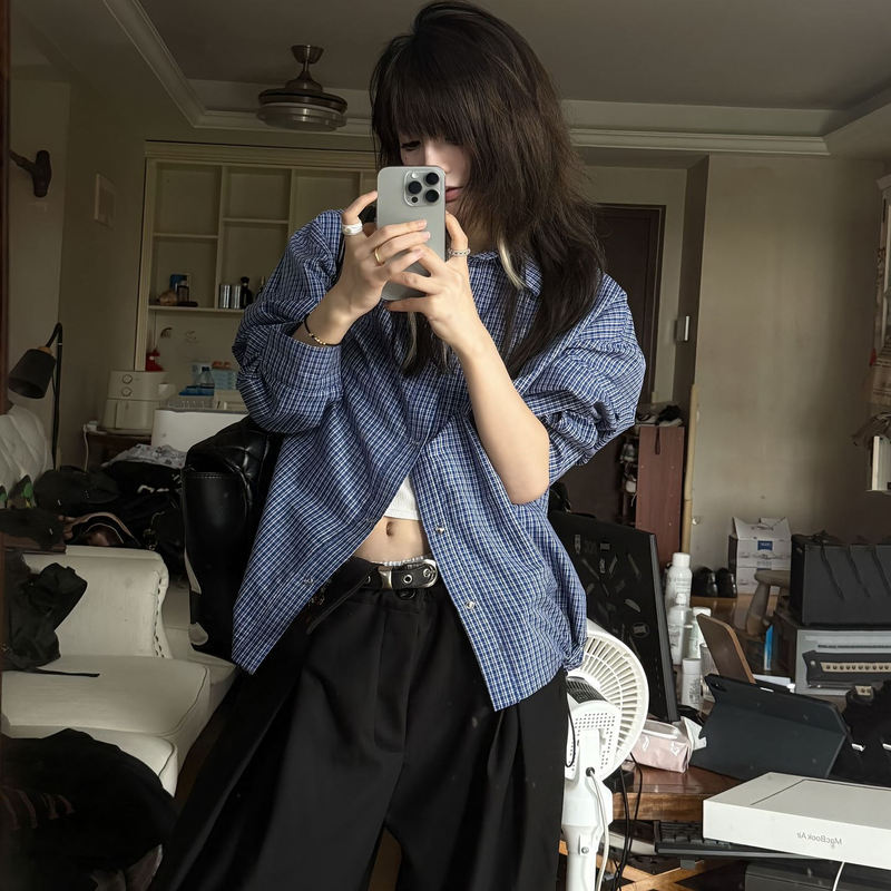 Korean Royal Blue Miu Style Autumn and Winter Versatile Plaid Drawstring Cleanfit Three-Dimensional Short Wide Long-Sleeve Shirt