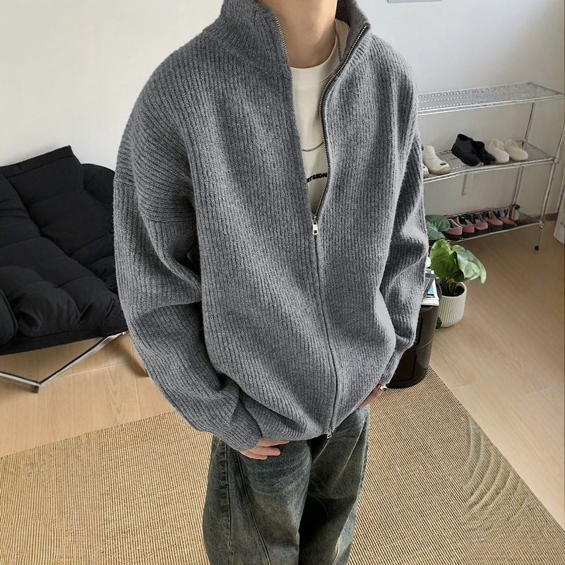 Korean Cleanfit Heavy-Duty Double-Zip High-Neck Casual Simple Knit Cardigan Lazy Style Loose Coat Sweater