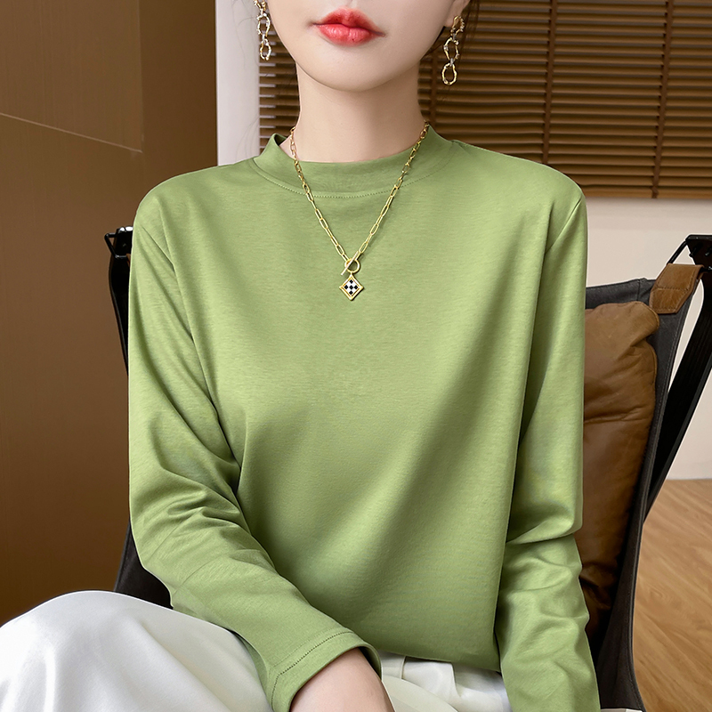 Spring and Autumn New Style Pure Cotton Half-High Collar Base Shirt for Women, Loose Fit Inner Layer, Mid-Collar T-Shirt, Stand Collar Long-Sleeve Knit Sweater, Sweatshirt