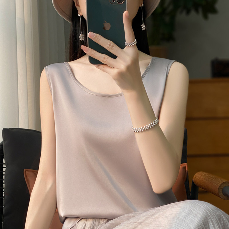 Workplace Outfit: Suit with Satin Camisole for Women, Summer Thin Base Layer, New Round Neck Top