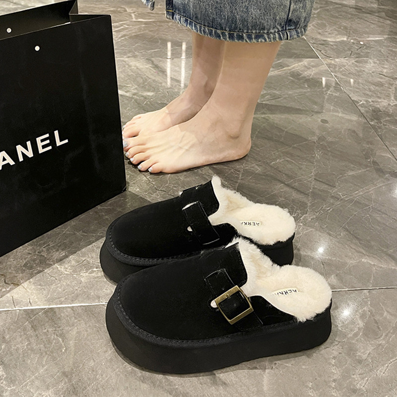 Burken shoes women's thick bottom plus suede head half slippers 2023 new winter sweater slippers wearing boken cotton slippers-Taobao