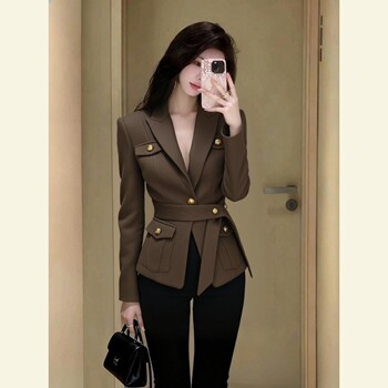 Spring Season Light Luxury High-End Commuter Business Blazer, Elegant Socialite Style, Waist-Cinching Coffee-Colored Suit Jacket for Important Occasions