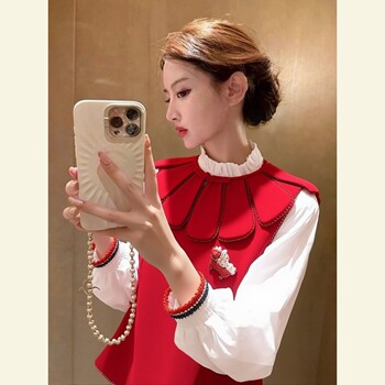 Spring Unique and Beautiful Red Vest Shirt Set, Loose and Slimming, Layered Vest, Korean Style Commuting Two-Piece Set for Women