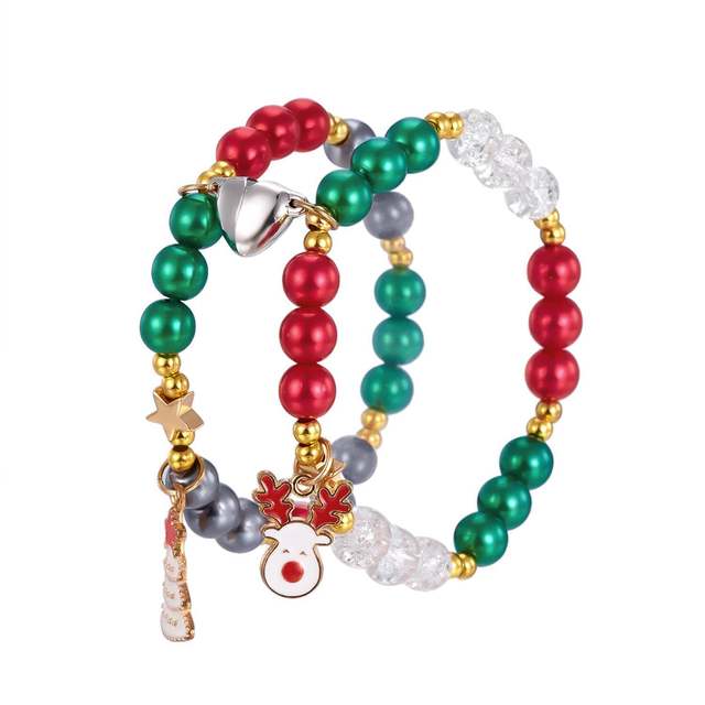 Cross-Border Best-Selling Christmas Holiday Beaded Bracelets Santa Claus Christmas Tree Bells Love Heart Magnetic Couple Bracelets
