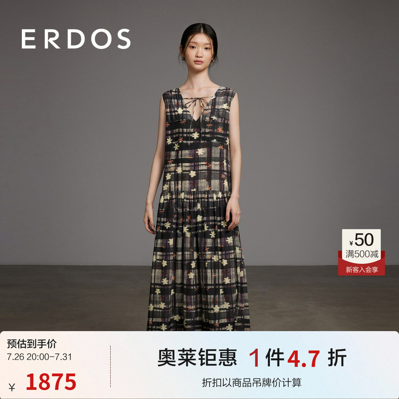 [Same Style as the Show] Erdos Holiday Casual Dress for Women, V-Neck Printed Mid-Length A-Line Skirt