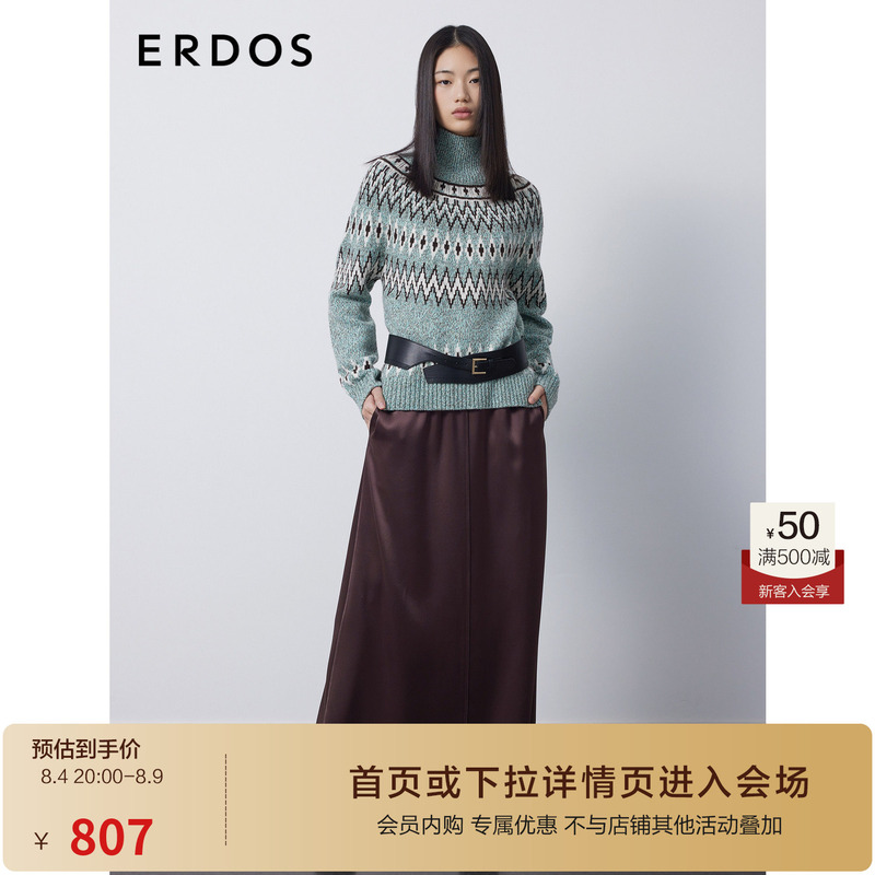 [Fair Isle] Erdos High-Neck Knit Sweater for Women, Vintage Geometric Jacquard, Casual Long-Sleeve Sweater