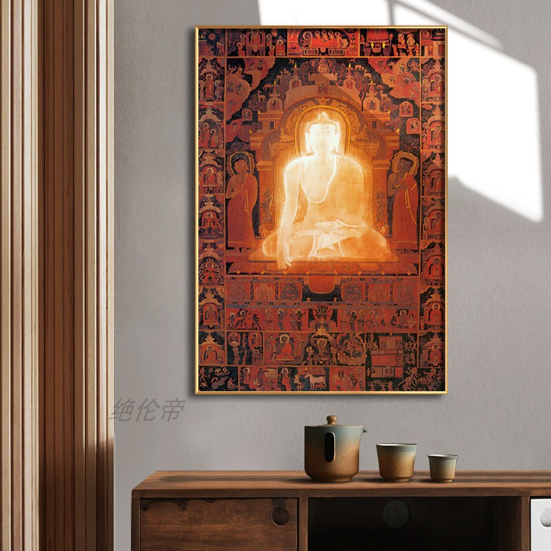 New Chinese-Style Zen Hanging Painting, Tea Room Entrance Decorative Painting, Dunhuang Mogao Grottoes Vintage Buddha Statue Mural, Tea Art Hall Background