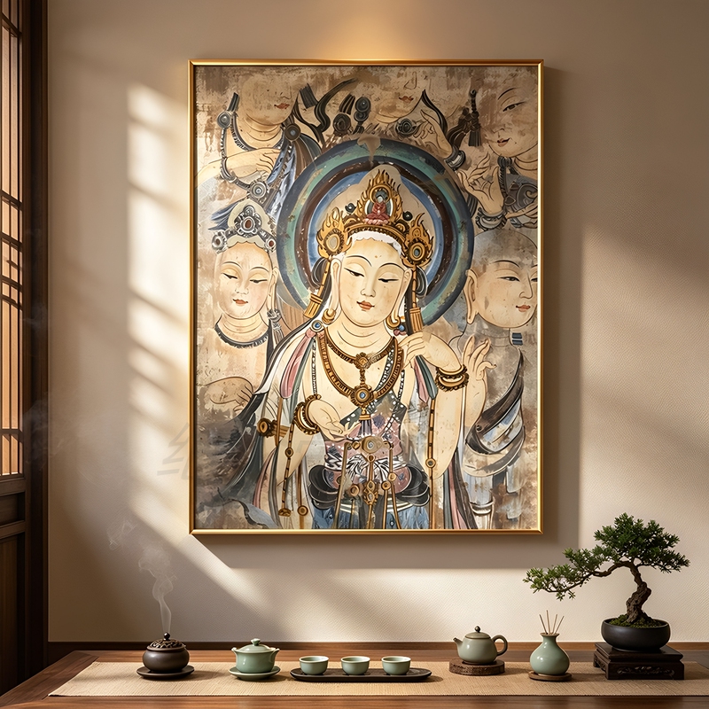 Chinese-Style Antique Decorative Painting, Mogao Grottoes Buddha Statue Hanging Painting, Guanyin Bodhisattva, Study Room, Teahouse, Tea Room, Zen-Inspired Dunhuang Mural Chinese-Style Antique Decorative Painting, Mogao Grottoes Buddha Statue Hanging Painting, Guanyin Bodhisattva, Study Room, Teahouse, Tea Room, Zen-Inspired Dunhuang Mural
