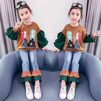 Girls' clothing fashion suit foreign style 2022 new net red Korean version of children's girls middle and big children's sweater denim set