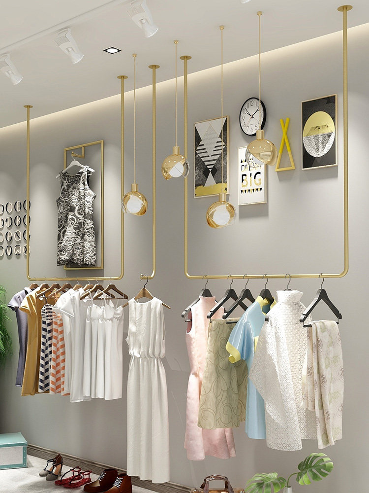 Clothing store display rack Wall shelf Hanging ceiling hanging gold children's clothing women's store hanging wedding hanger Wall hanging