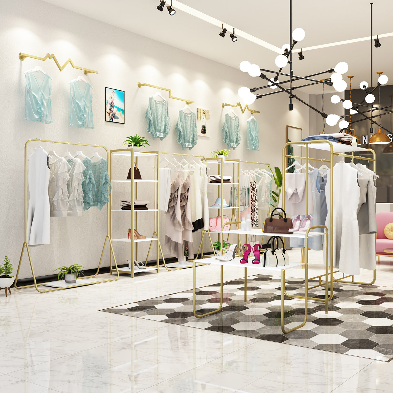 Nordic Minimalist Clothing Shop Hanger Show Rack Hanging Clothes Rack Landing Style Women's Clothes Store Gold Shelf Iron Art