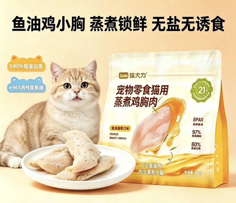 Cat Treats with Catnip, Deep-Sea Fish Oil, Low-Temperature Steamed Whole Chicken Breast, Boiled Cat Snacks, Hydrating Meat Strips, No Salt