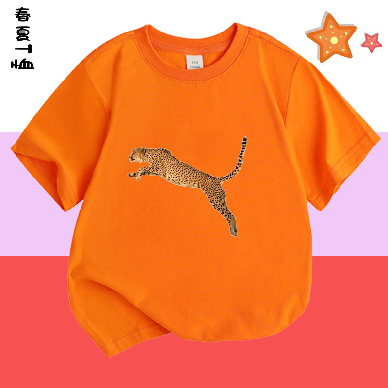 Spring and Summer Kidsren's Clothing Kidsren's Cartoon Pure Cotton Short-Sleeved T-Shirt Boys Girls Baby Leopard Pattern Animal Family Clothing