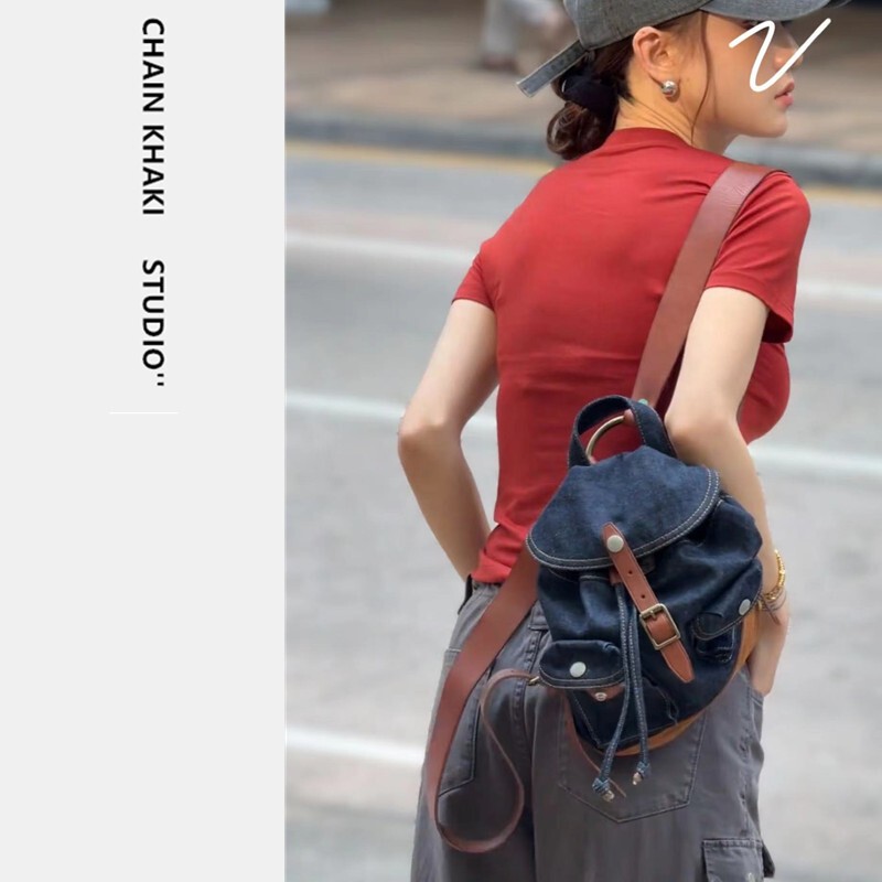 Denim Canvas Bag, Jazz Style Women's Bag, Mini Casual Small Bag, Niche Bucket Bag, Vegetable-Tanned Leather Backpack Denim Canvas Bag, Jazz Style Women's Bag, Mini Casual Small Bag, Niche Bucket Bag, Vegetable-Tanned Leather Backpack