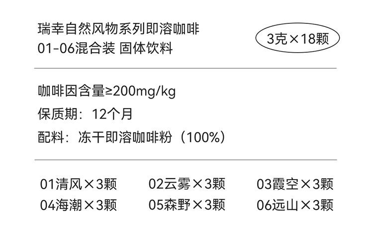 【中国直邮】 瑞幸咖啡 【新品】精品速溶冻干粉冰美式纯黑咖啡粉加量装 01-06混合装 18颗