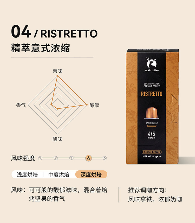 【中国直邮】 瑞幸咖啡 原装进口胶囊咖啡粒 适配nespresso胶囊机 03醇厚意式浓缩-中度烘焙10枚/盒