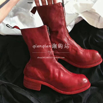 Hong Kong guidi womens boots front and rear zipper short boots retro leather thick heel inverted boots pleated mid-tube Martin boots