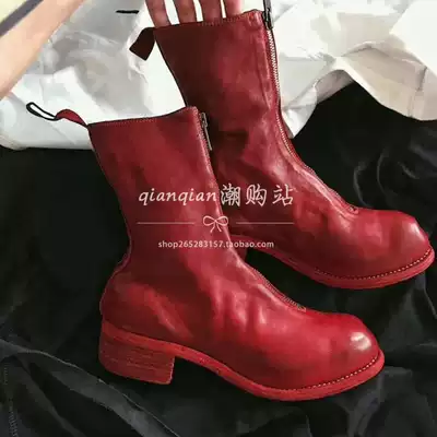 Hong Kong guidi women's boots front and back zipper booties retro leather thick heel boots wrinkled mid-tube Martin boots