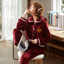 New coral fleece pajamas womens autumn and winter warm Korean version flannel thickened plus velvet pajamas suit cardigan home service