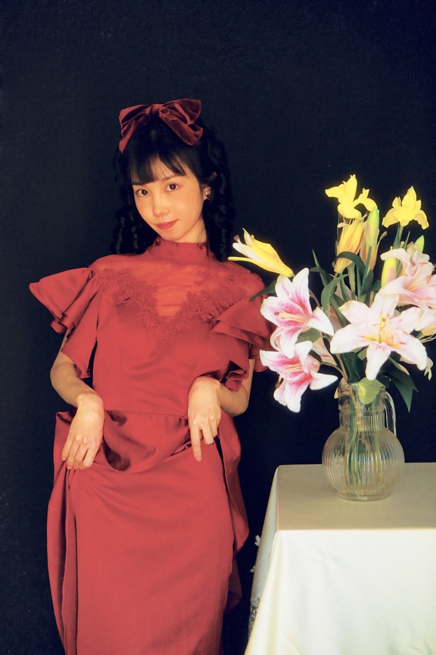 Qinghe hovintage antique wine red lotus leaf petal flying sleeves small dress long skirt toast clothing photo shooting