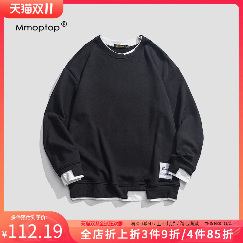 Mmoptop spring and autumn tide brand Hong Kong style fake two-piece niche sweater men's pure cotton spring round neck couple jacket