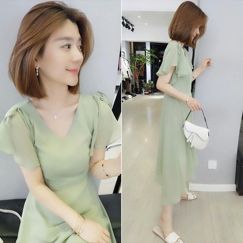 Màu xanh lá cây nhỏ tươi mát eo cao dài voan khí chất váy ga châu Âu mùa hè 2021 quần áo phụ nữ mới phiên bản châu Âu Hàn Quốc - Váy eo cao