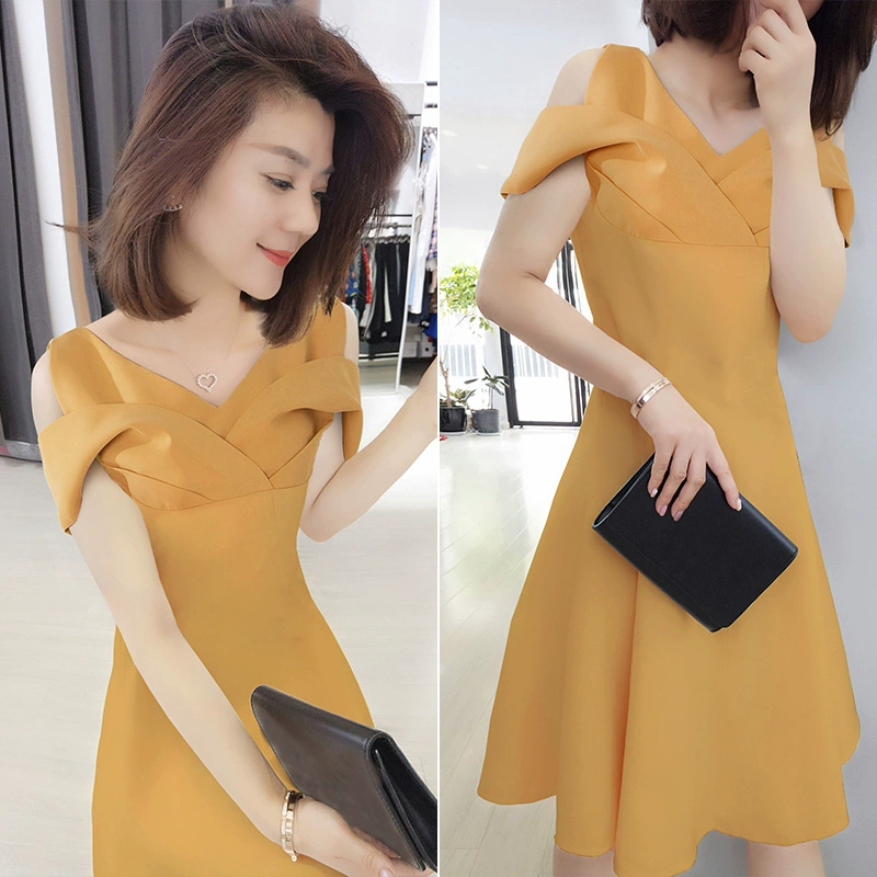 Kiểu dáng tây thắt eo khí chất đã mỏng màu vàng đầm quây cổ chữ V châu âu mùa hè 2021 hàng mới nữ châu âu - váy đầm